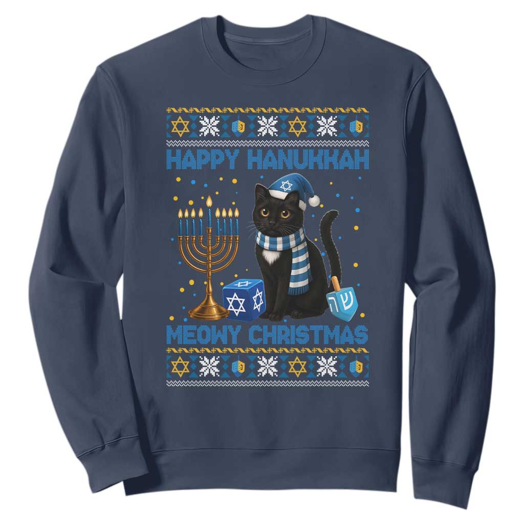 Hanukkah Cat Lover Gifts Sweatshirt Happy Hanukkah Meowy Christmas TS12 Navy Print Your Wear