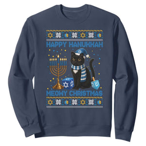 Hanukkah Cat Lover Gifts Sweatshirt Happy Hanukkah Meowy Christmas TS12 Navy Print Your Wear