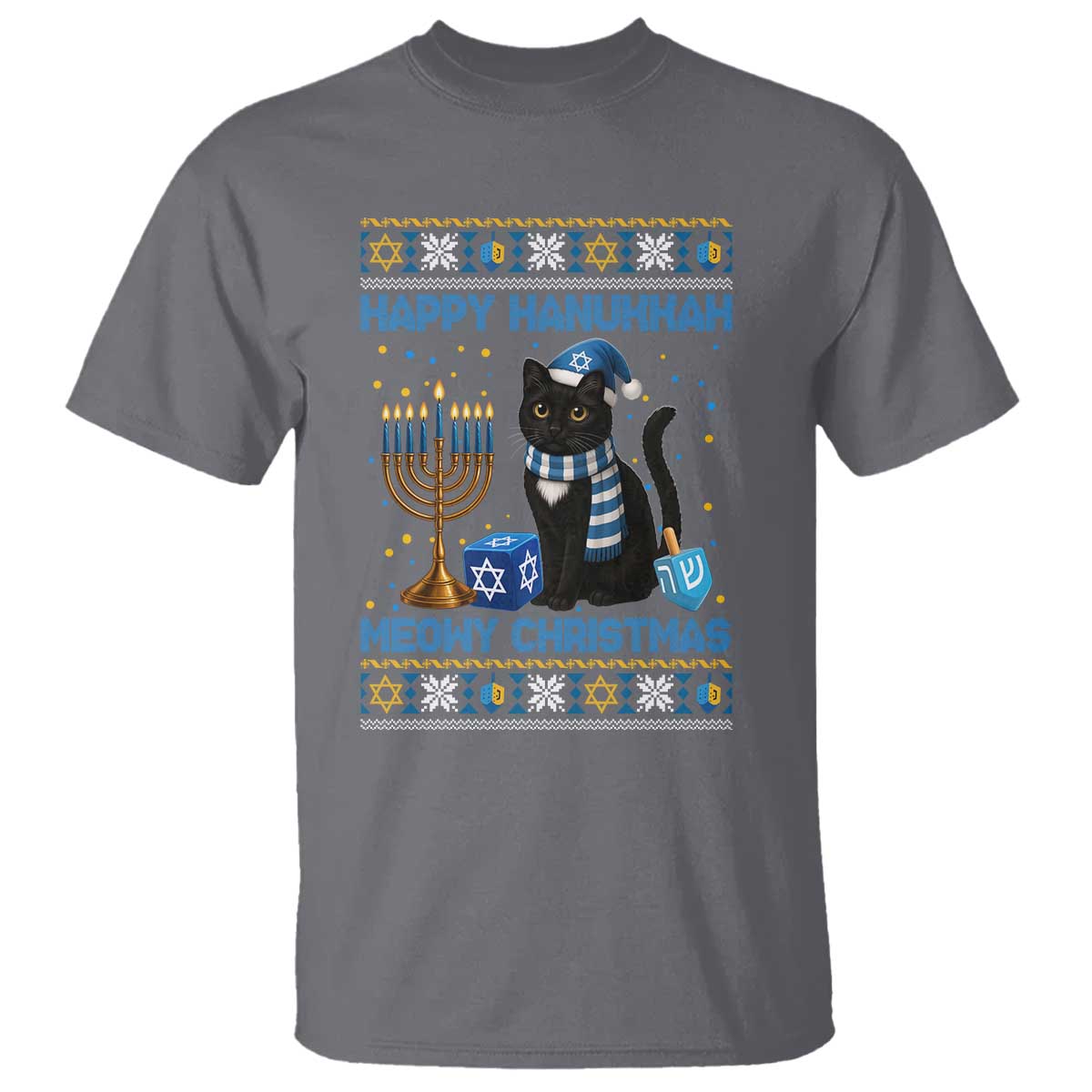 Hanukkah Cat Lover Gifts T Shirt Happy Hanukkah Meowy Christmas TS12 Charcoal Print Your Wear