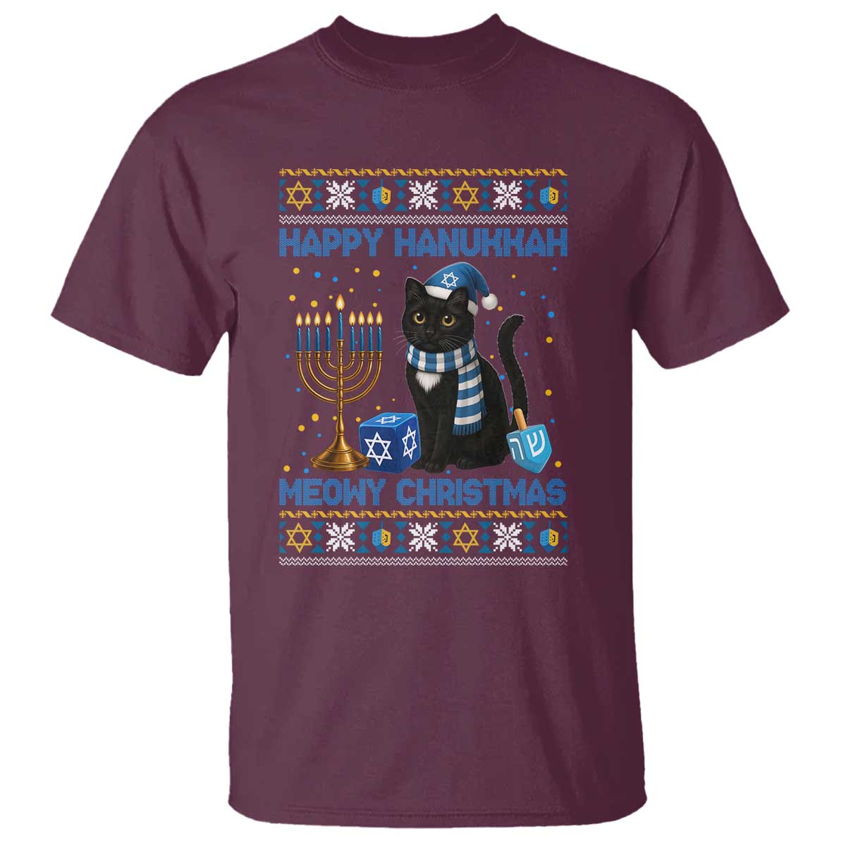 Hanukkah Cat Lover Gifts T Shirt Happy Hanukkah Meowy Christmas TS12 Maroon Print Your Wear