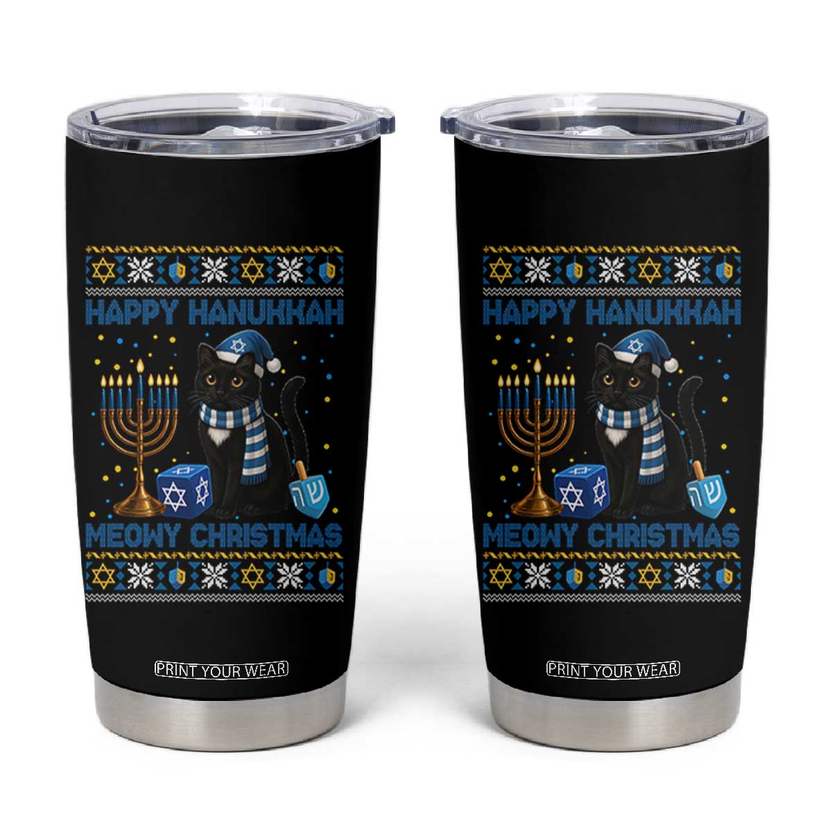 Hanukkah Cat Lover Gifts Tumbler Cup Happy Hanukkah Meowy Christmas TS12 Black Print Your Wear