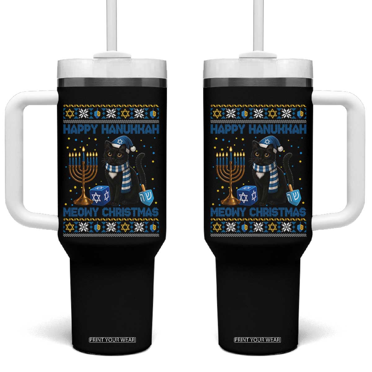 Hanukkah Cat Lover Gifts Tumbler With Handle Happy Hanukkah Meowy Christmas TS12 One Size: 40 oz Black Print Your Wear