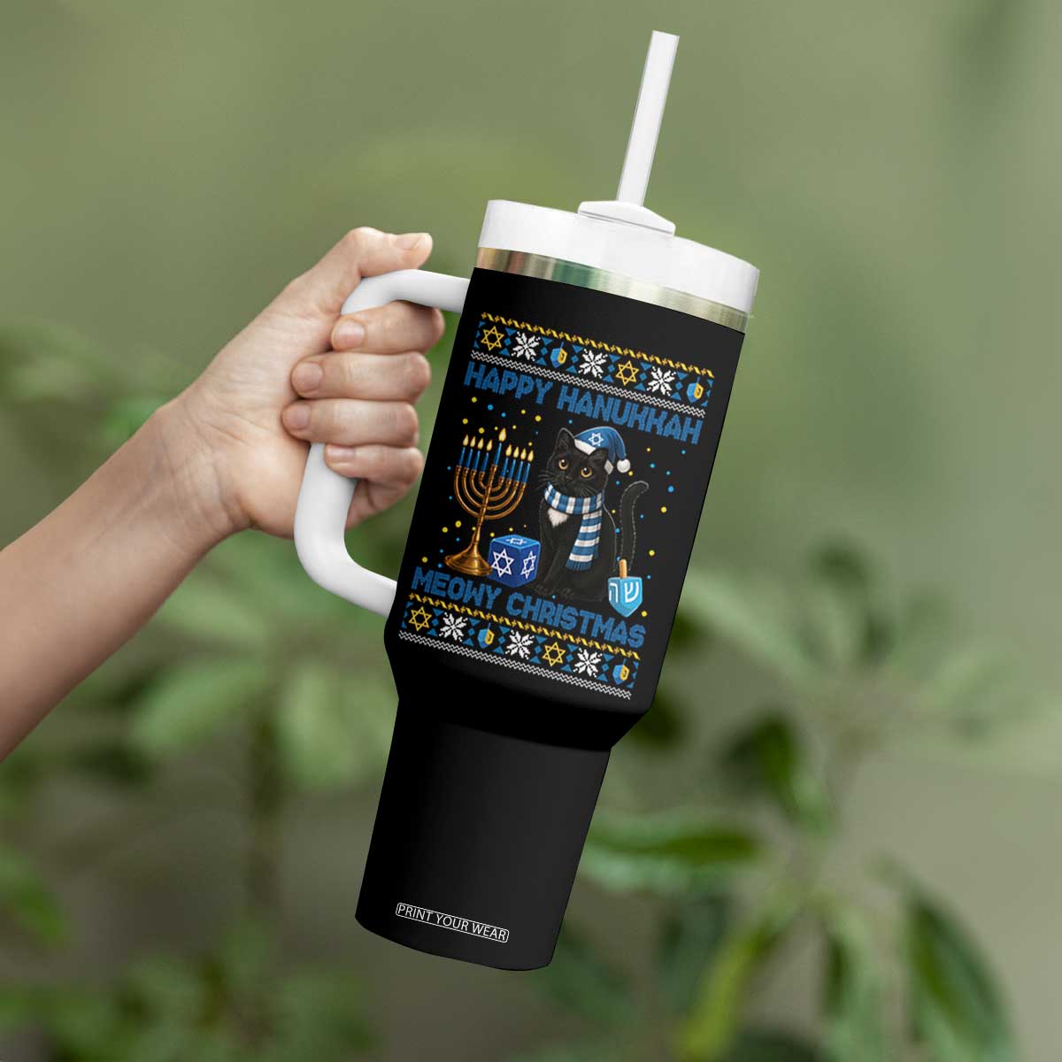 Hanukkah Cat Lover Gifts Tumbler With Handle Happy Hanukkah Meowy Christmas TS12 Print Your Wear