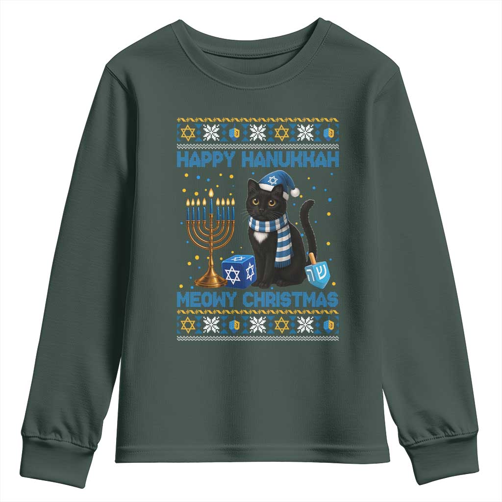 Hanukkah Cat Lover Gifts Youth Sweatshirt Happy Hanukkah Meowy Christmas TS12 Dark Forest Green Print Your Wear