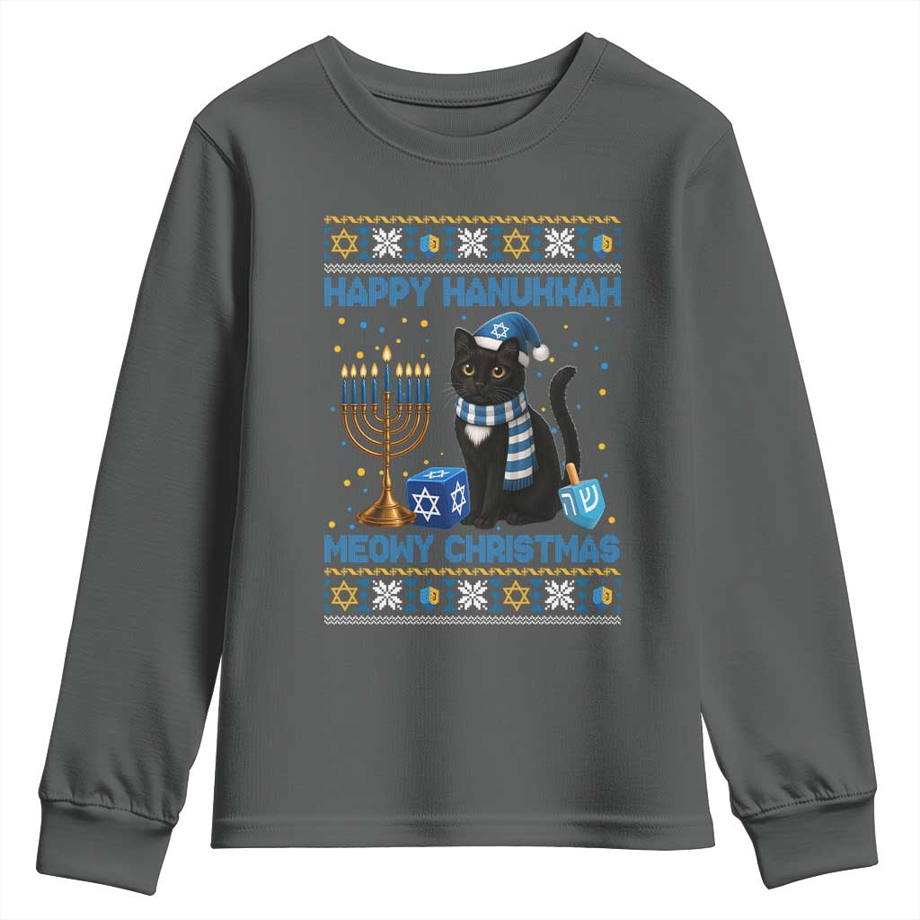 Hanukkah Cat Lover Gifts Youth Sweatshirt Happy Hanukkah Meowy Christmas TS12 Dark Heather Print Your Wear