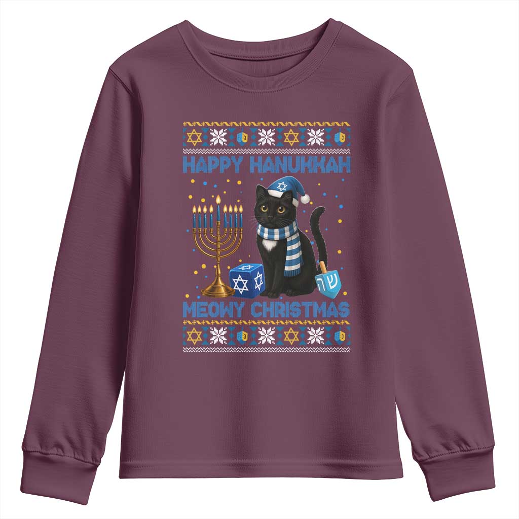 Hanukkah Cat Lover Gifts Youth Sweatshirt Happy Hanukkah Meowy Christmas TS12 Maroon Print Your Wear