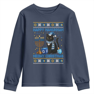 Hanukkah Cat Lover Gifts Youth Sweatshirt Happy Hanukkah Meowy Christmas TS12 Navy Print Your Wear