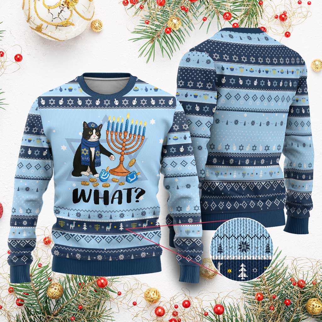 Funny Black Cat Chaos Menorah Gift Hanukkah Ugly Sweater TS12 Light Blue Navy Print Your Wear