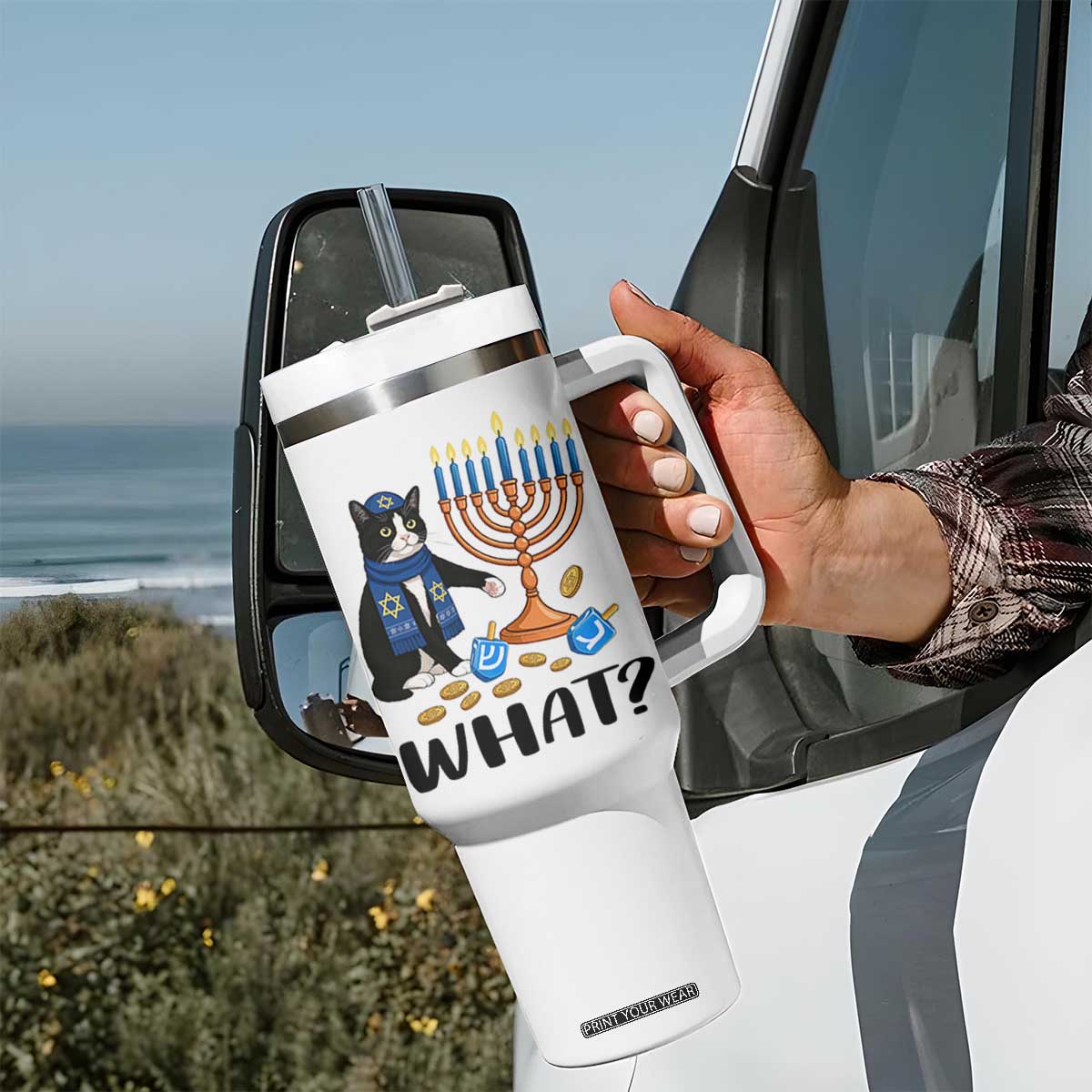 Funny Black Cat Chaos Hanukkah Menorah Gift Tumbler With Handle TS12 Print Your Wear