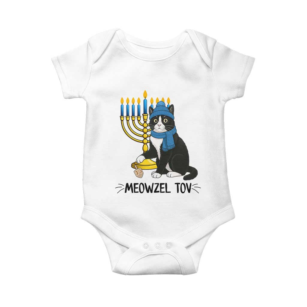 Meowzel Tov Baby Onesie Black Cat Playing Dreidel Menorah Hanukkah Gift TS12 White Print Your Wear