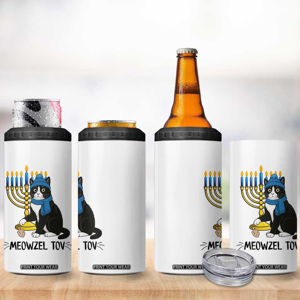 Meowzel Tov 4 in 1 Can Cooler Tumbler Black Cat Playing Dreidel Menorah Hanukkah Gift TS12 Print Your Wear