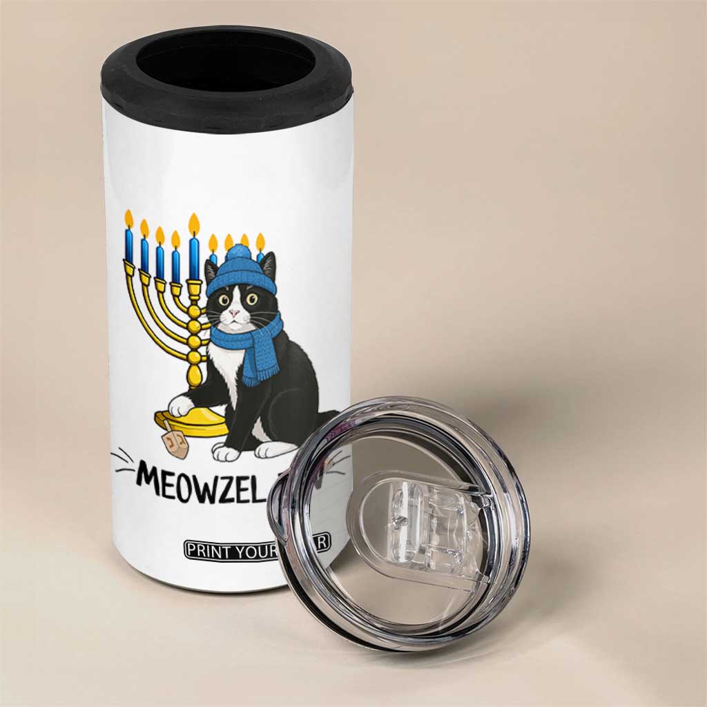 Meowzel Tov 4 in 1 Can Cooler Tumbler Black Cat Playing Dreidel Menorah Hanukkah Gift TS12 Print Your Wear