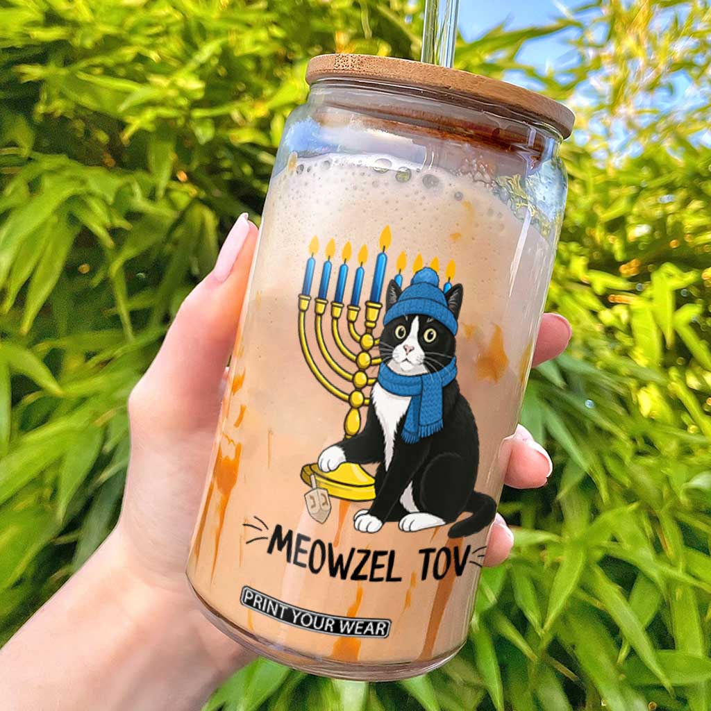 Meowzel Tov Glass Can Black Cat Playing Dreidel Menorah Hanukkah Gift TS12 White Print Your Wear