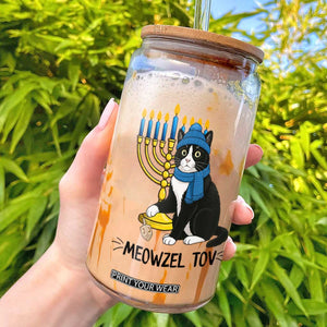 Meowzel Tov Glass Can Black Cat Playing Dreidel Menorah Hanukkah Gift TS12 White Print Your Wear
