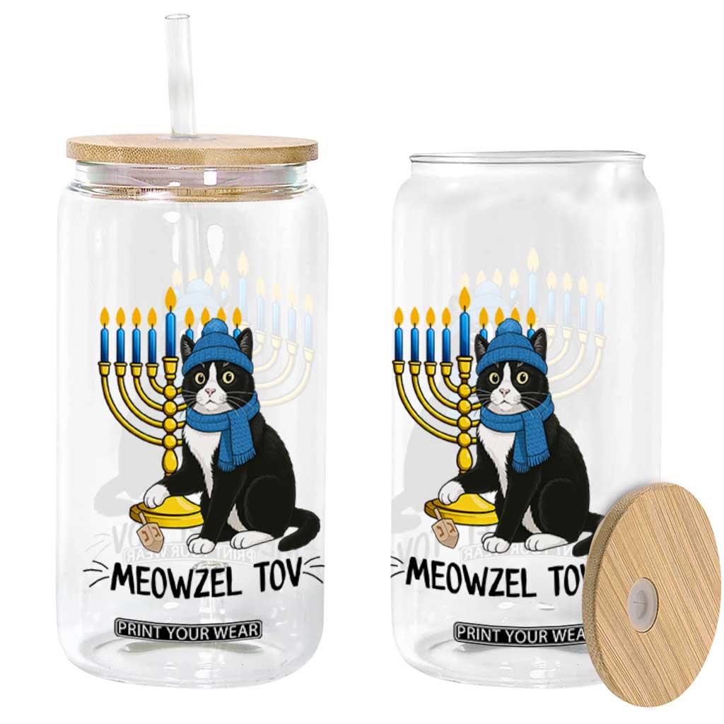 Meowzel Tov Glass Can Black Cat Playing Dreidel Menorah Hanukkah Gift TS12 Print Your Wear