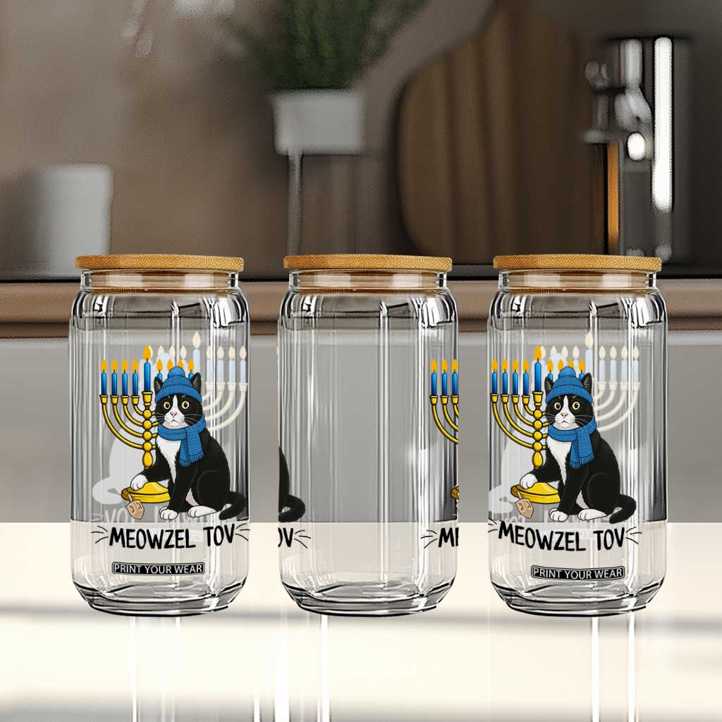 Meowzel Tov Glass Can Black Cat Playing Dreidel Menorah Hanukkah Gift TS12 Print Your Wear
