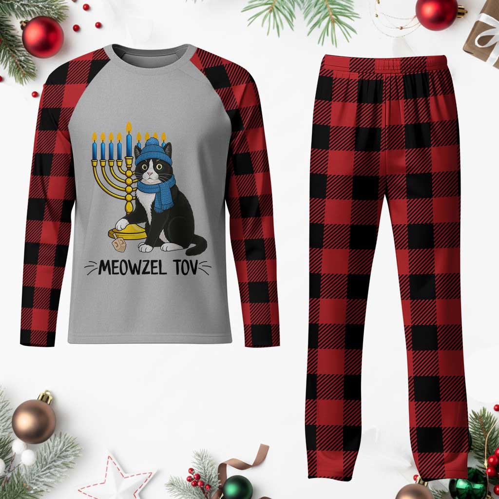 Meowzel Tov Plaid Pajama Set Black Cat Playing Dreidel Menorah Hanukkah Gift TS12 Buffalo Plaid Print Your Wear