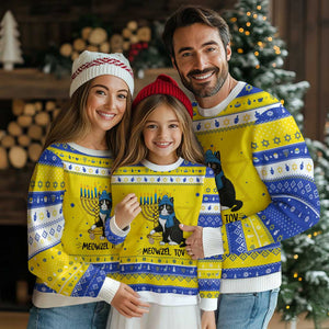 Meowzel Tov Hanukkah Ugly Sweater Black Cat Playing Dreidel Menorah Gift TS12 Gold Royal Blue Print Your Wear