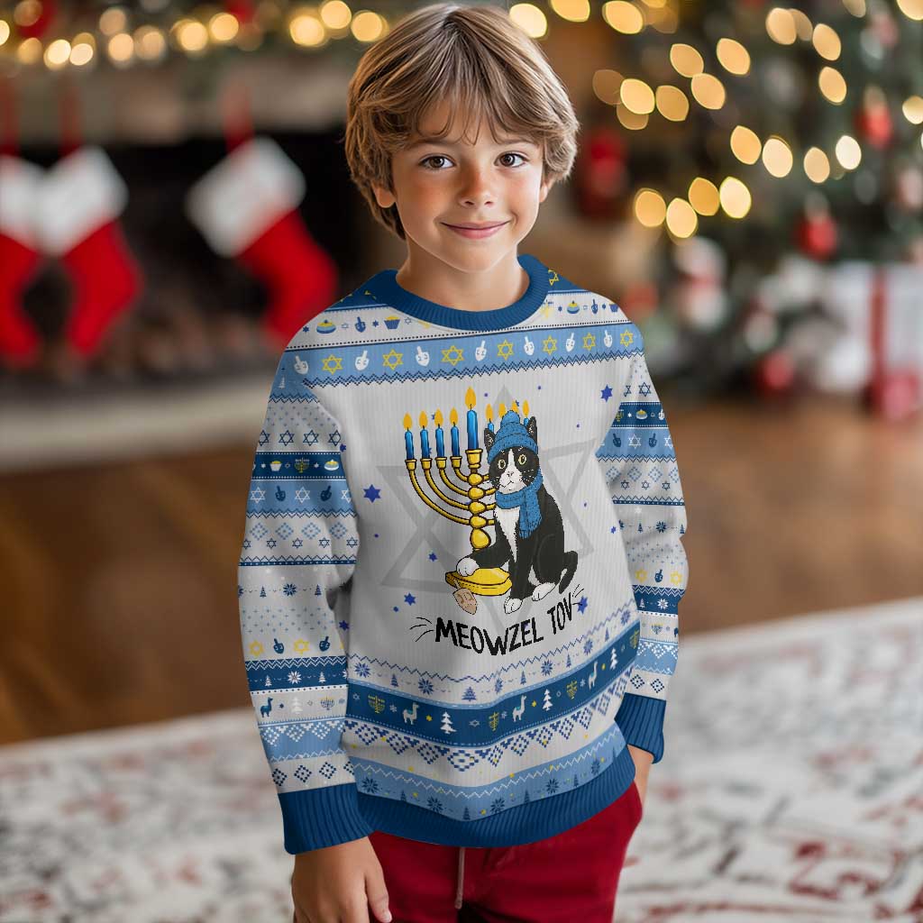 Meowzel Tov Hanukkah Ugly Sweater Black Cat Playing Dreidel Menorah Gift TS12 Gray Blue Print Your Wear