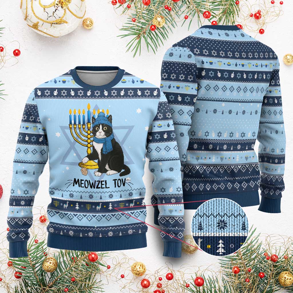 Meowzel Tov Hanukkah Ugly Sweater Black Cat Playing Dreidel Menorah Gift TS12 Light Blue Navy Print Your Wear