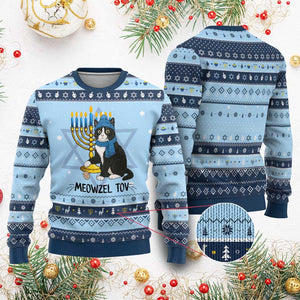 Meowzel Tov Hanukkah Ugly Sweater Black Cat Playing Dreidel Menorah Gift TS12 Light Blue Navy Print Your Wear