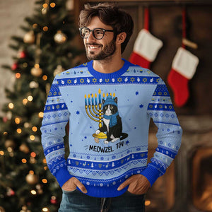 Meowzel Tov Hanukkah Ugly Sweater Black Cat Playing Dreidel Menorah Gift TS12 Light Blue Royal Blue Print Your Wear