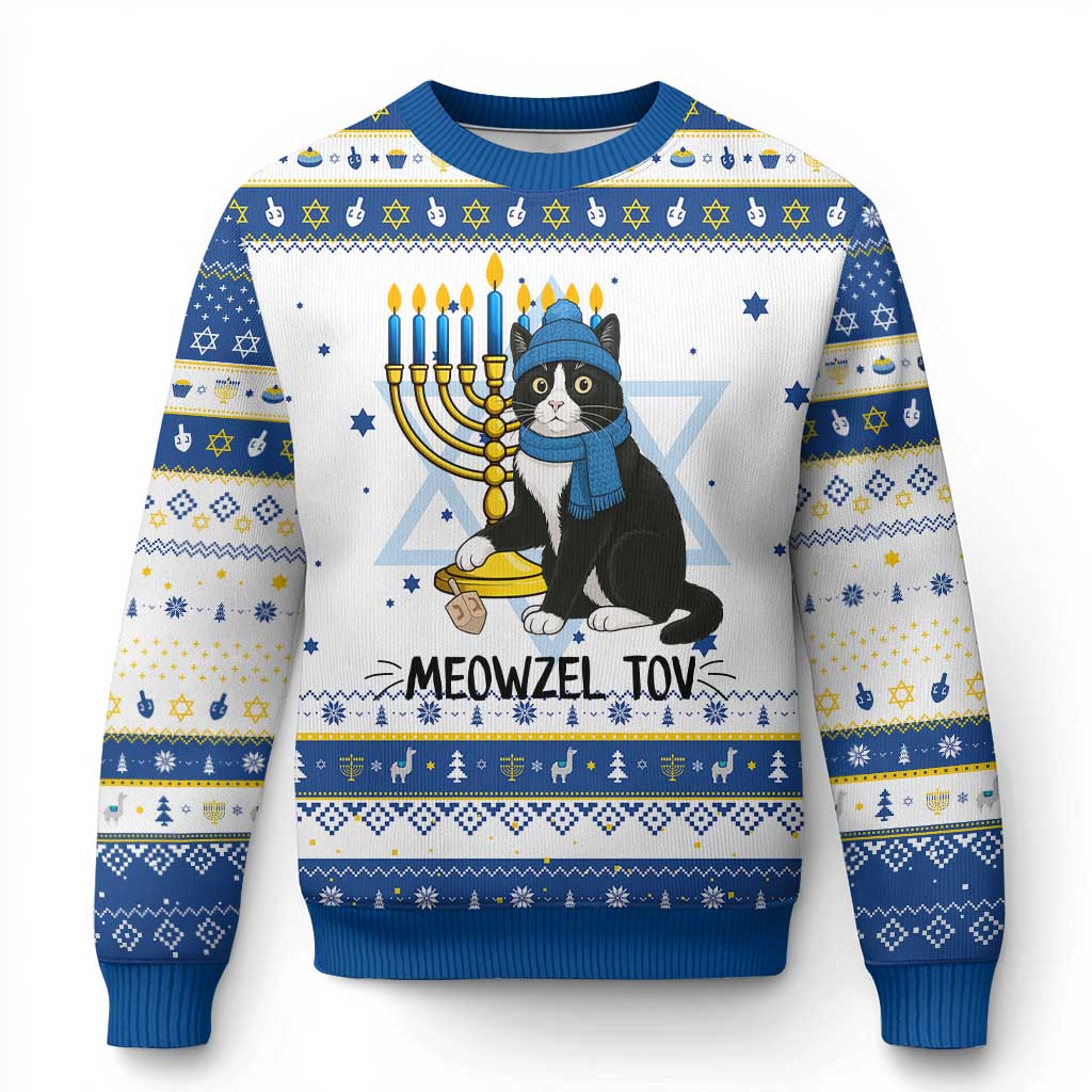 Meowzel Tov Hanukkah Ugly Sweater Black Cat Playing Dreidel Menorah Gift TS12 White Royal Blue Print Your Wear