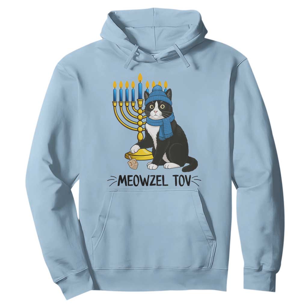 Meowzel Tov Hoodie Black Cat Playing Dreidel Menorah Hanukkah Gift TS12 Light Blue Print Your Wear