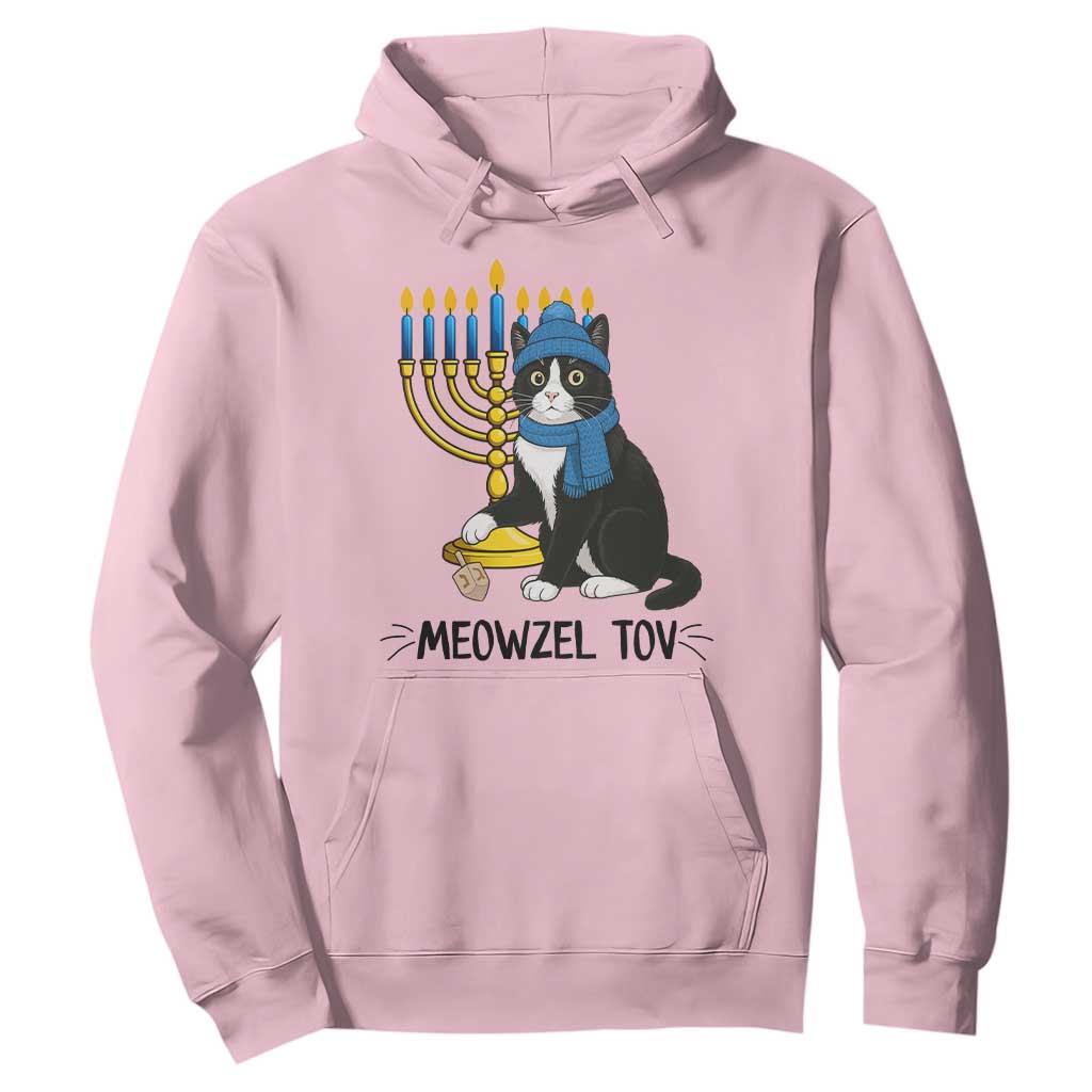 Meowzel Tov Hoodie Black Cat Playing Dreidel Menorah Hanukkah Gift TS12 Light Pink Print Your Wear
