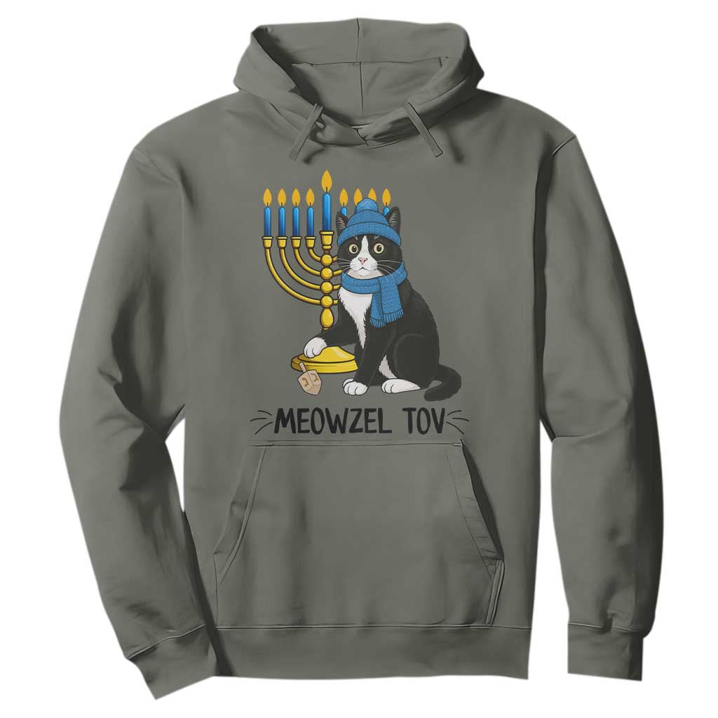 Meowzel Tov Hoodie Black Cat Playing Dreidel Menorah Hanukkah Gift TS12 Military Green Print Your Wear