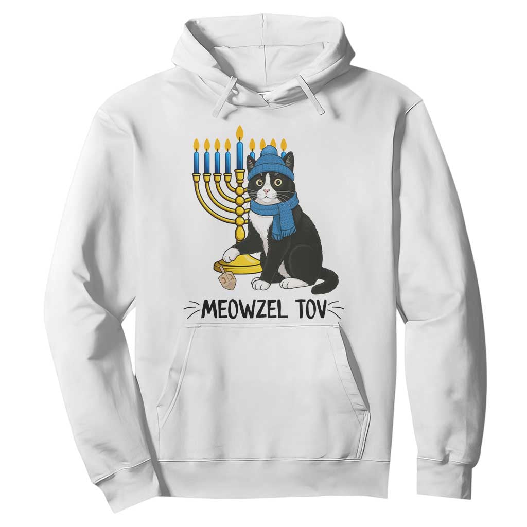 Meowzel Tov Hoodie Black Cat Playing Dreidel Menorah Hanukkah Gift TS12 White Print Your Wear