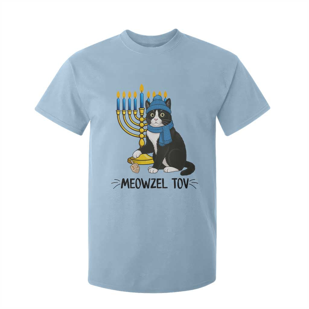 Meowzel Tov T Shirt For Kid Black Cat Playing Dreidel Menorah Hanukkah Gift TS12 Light Blue Print Your Wear