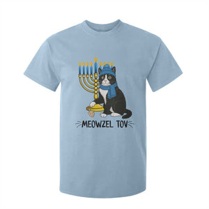 Meowzel Tov T Shirt For Kid Black Cat Playing Dreidel Menorah Hanukkah Gift TS12 Light Blue Print Your Wear