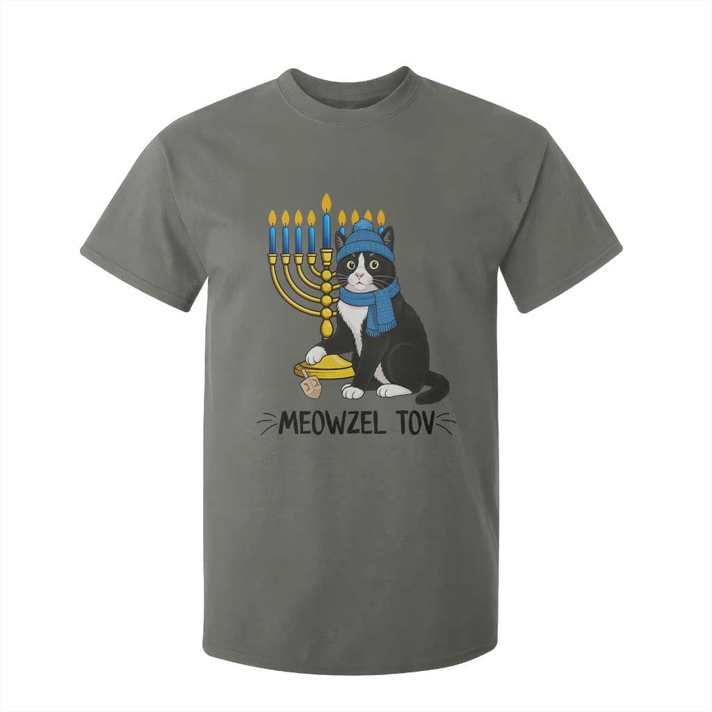 Meowzel Tov T Shirt For Kid Black Cat Playing Dreidel Menorah Hanukkah Gift TS12 Military Green Print Your Wear