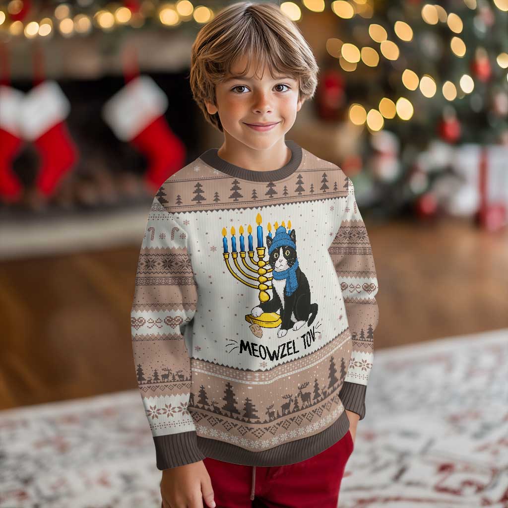 Meowzel Tov Ugly Christmas Sweater Black Cat Playing Dreidel Menorah Hanukkah Gift TS12 Mocha Mousse Print Your Wear