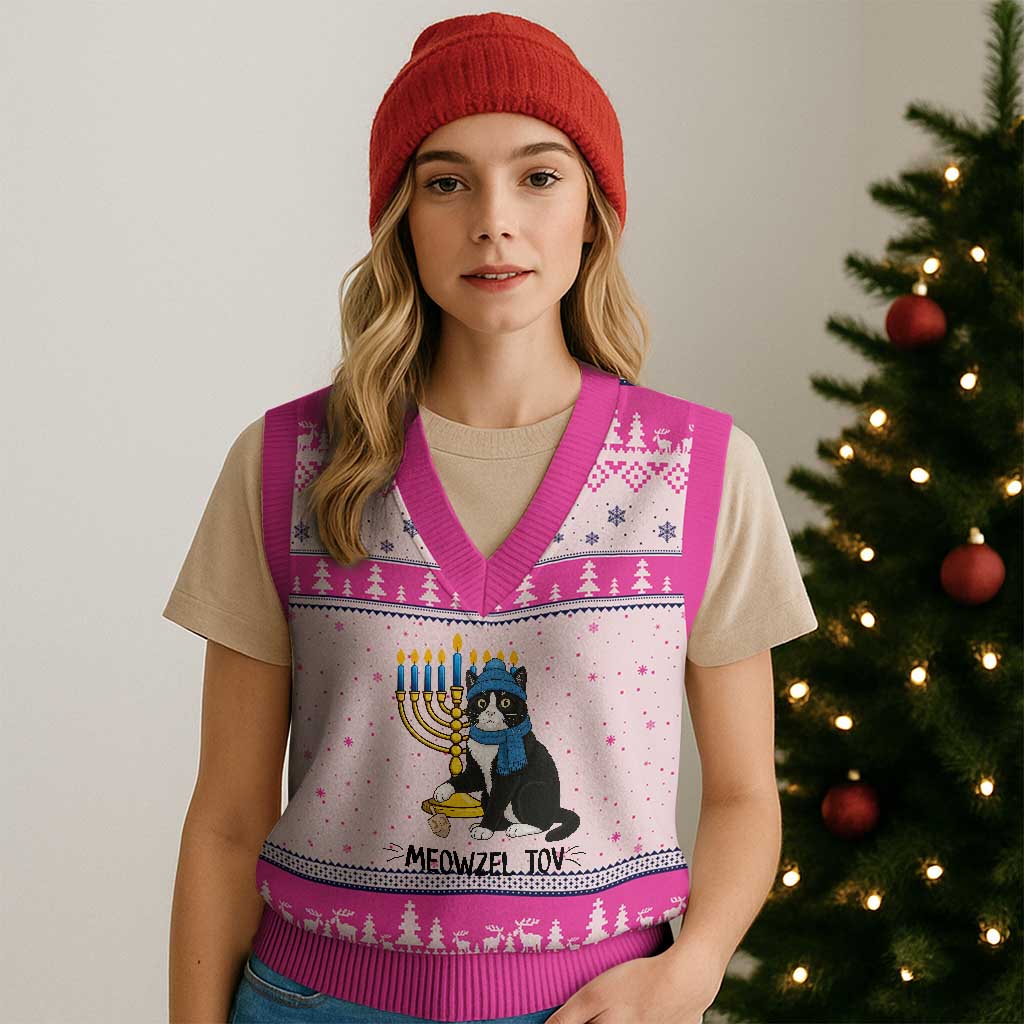 Meowzel Tov V-Neck Knit Sweater Vest Black Cat Playing Dreidel Menorah Hanukkah Gift TS12 Hot Pink Print Your Wear