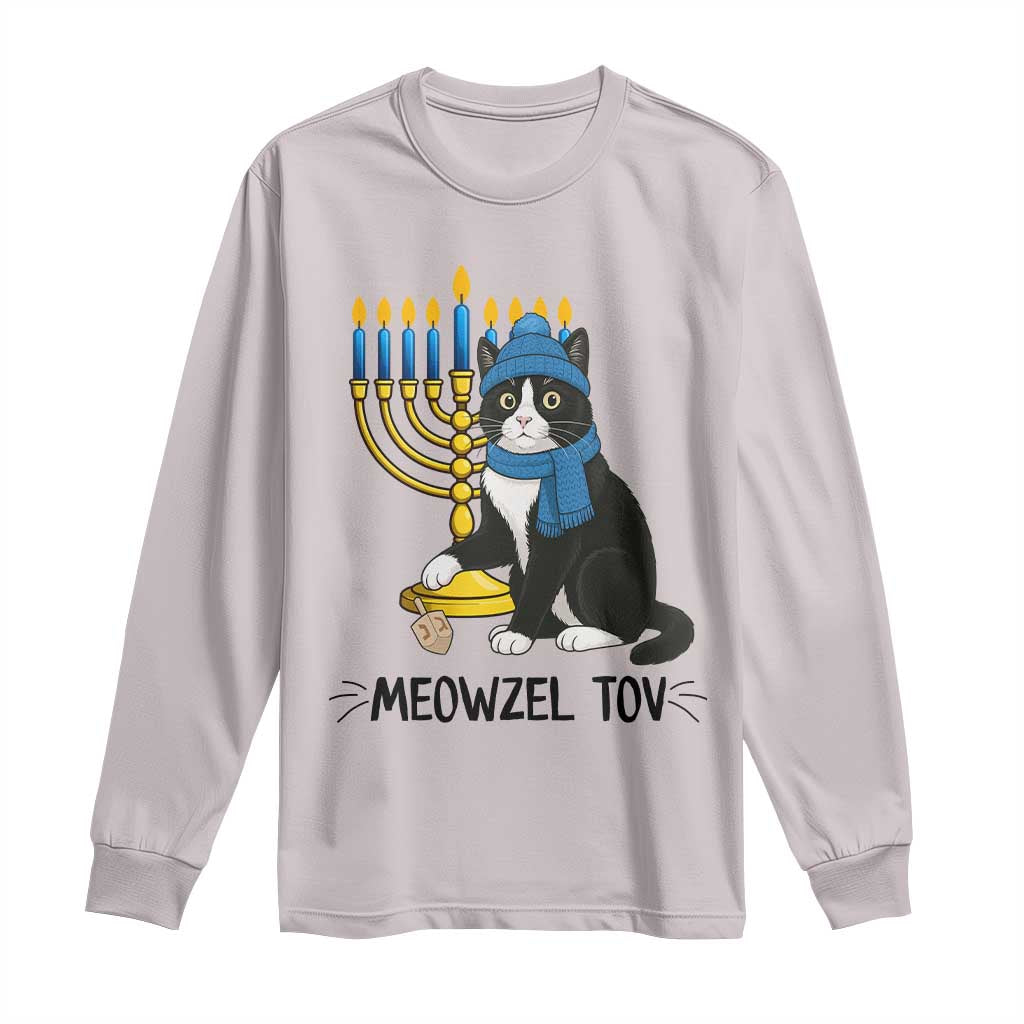 Meowzel Tov Long Sleeve Shirt Black Cat Playing Dreidel Menorah Hanukkah Gift TS12 Ice Gray Print Your Wear