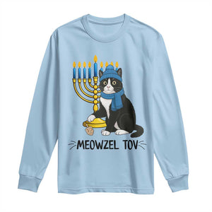 Meowzel Tov Long Sleeve Shirt Black Cat Playing Dreidel Menorah Hanukkah Gift TS12 Light Blue Print Your Wear