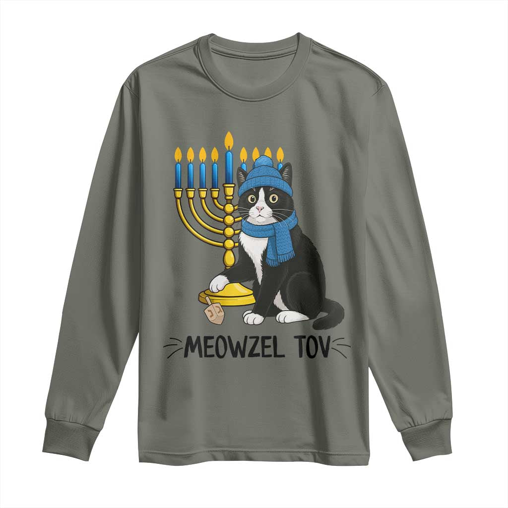 Meowzel Tov Long Sleeve Shirt Black Cat Playing Dreidel Menorah Hanukkah Gift TS12 Military Green Print Your Wear