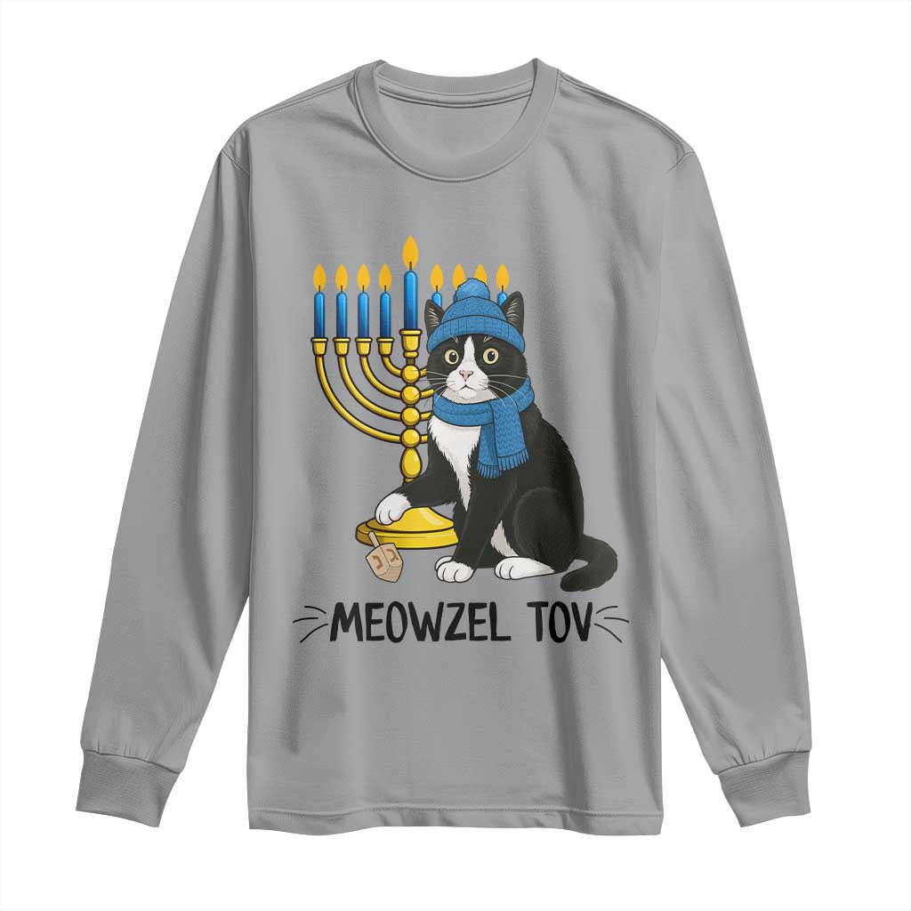 Meowzel Tov Long Sleeve Shirt Black Cat Playing Dreidel Menorah Hanukkah Gift TS12 Sport Gray Print Your Wear