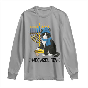 Meowzel Tov Long Sleeve Shirt Black Cat Playing Dreidel Menorah Hanukkah Gift TS12 Sport Gray Print Your Wear