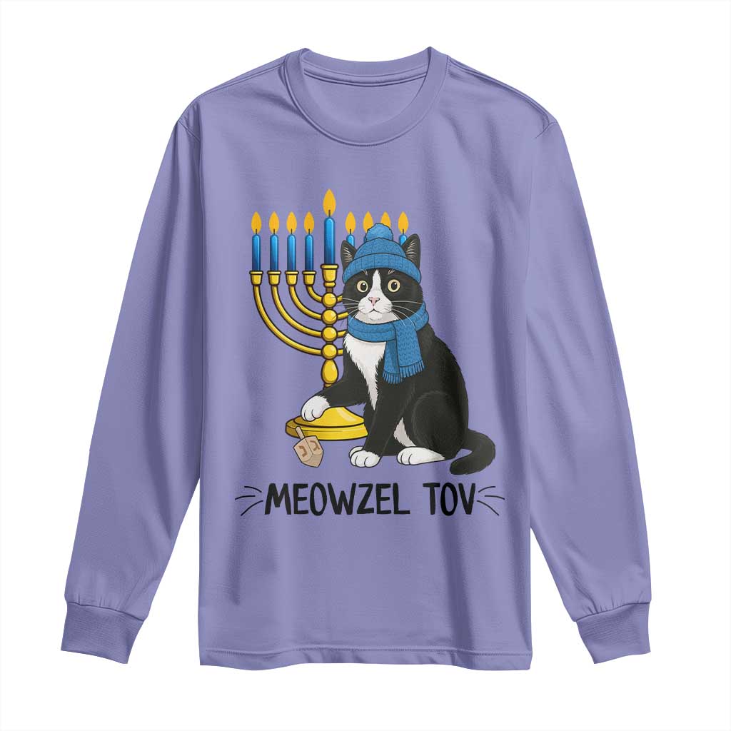Meowzel Tov Long Sleeve Shirt Black Cat Playing Dreidel Menorah Hanukkah Gift TS12 Violet Print Your Wear