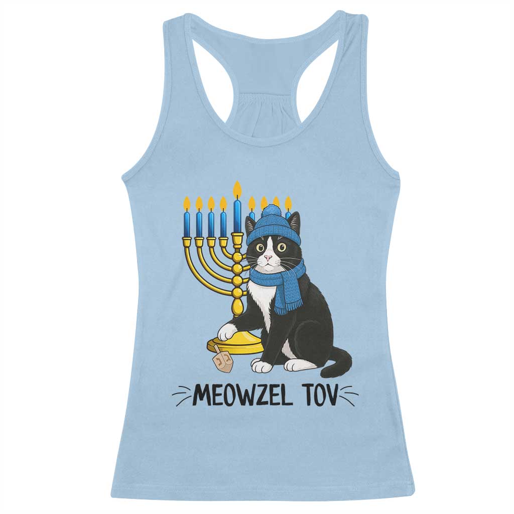 Meowzel Tov Racerback Tank Top Black Cat Playing Dreidel Menorah Hanukkah Gift TS12 Light Blue Print Your Wear