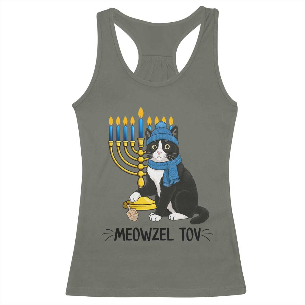 Meowzel Tov Racerback Tank Top Black Cat Playing Dreidel Menorah Hanukkah Gift TS12 Military Green Print Your Wear