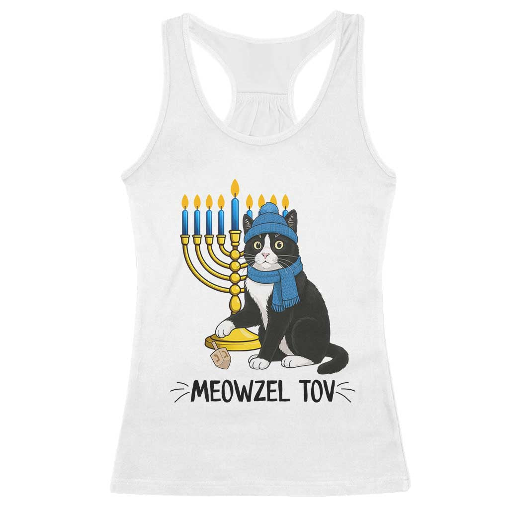 Meowzel Tov Racerback Tank Top Black Cat Playing Dreidel Menorah Hanukkah Gift TS12 White Print Your Wear