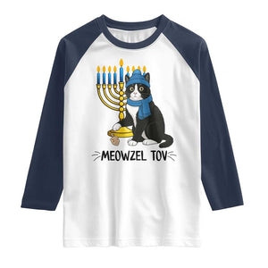 Meowzel Tov Raglan Shirt Black Cat Playing Dreidel Menorah Hanukkah Gift TS12 White Navy Print Your Wear