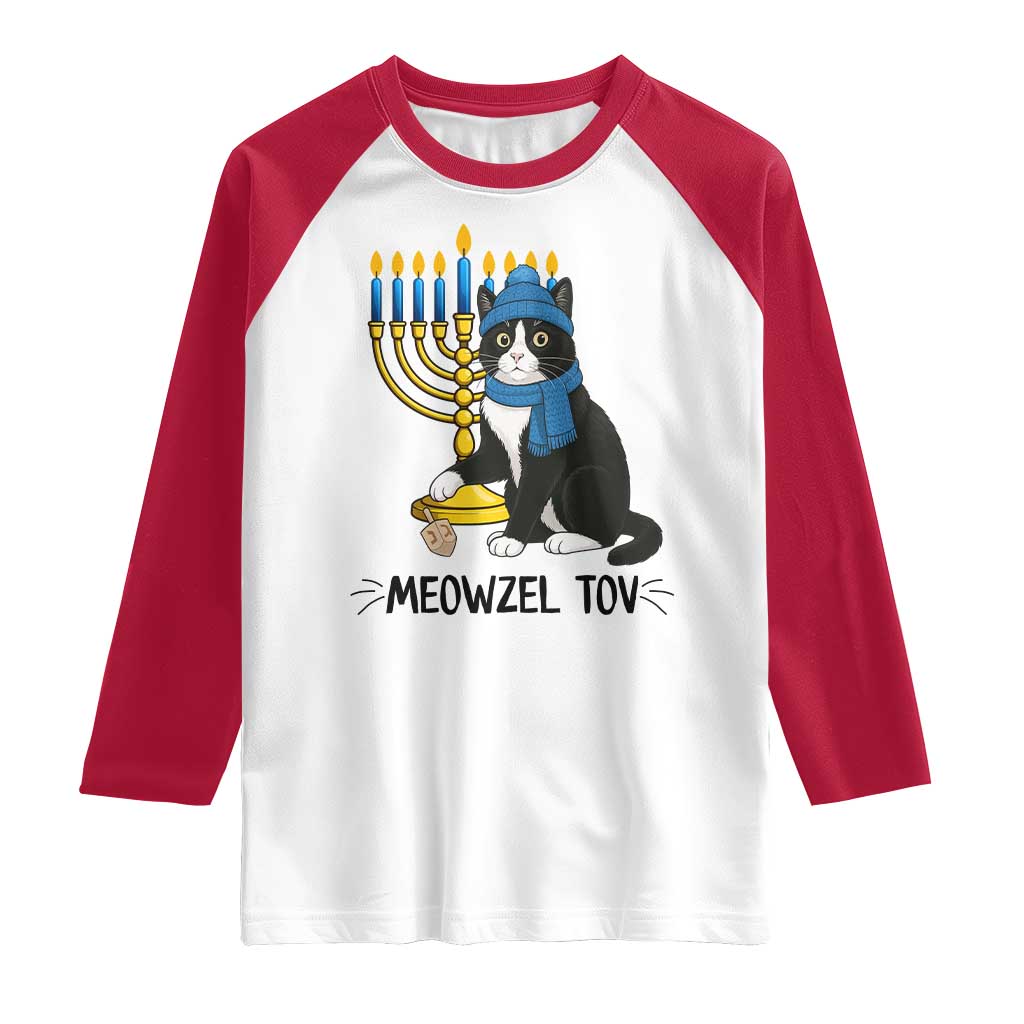 Meowzel Tov Raglan Shirt Black Cat Playing Dreidel Menorah Hanukkah Gift TS12 White Red Print Your Wear