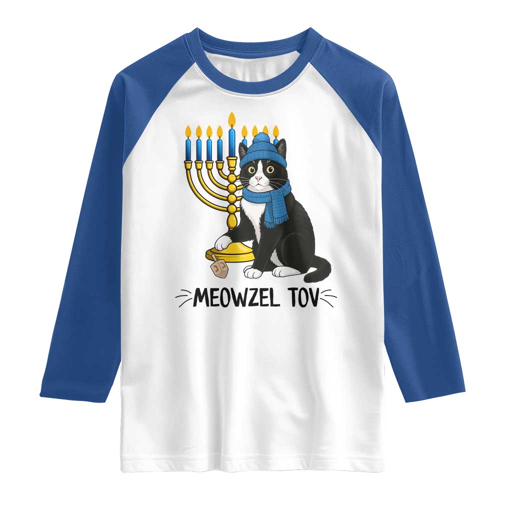 Meowzel Tov Raglan Shirt Black Cat Playing Dreidel Menorah Hanukkah Gift TS12 White Royal Print Your Wear