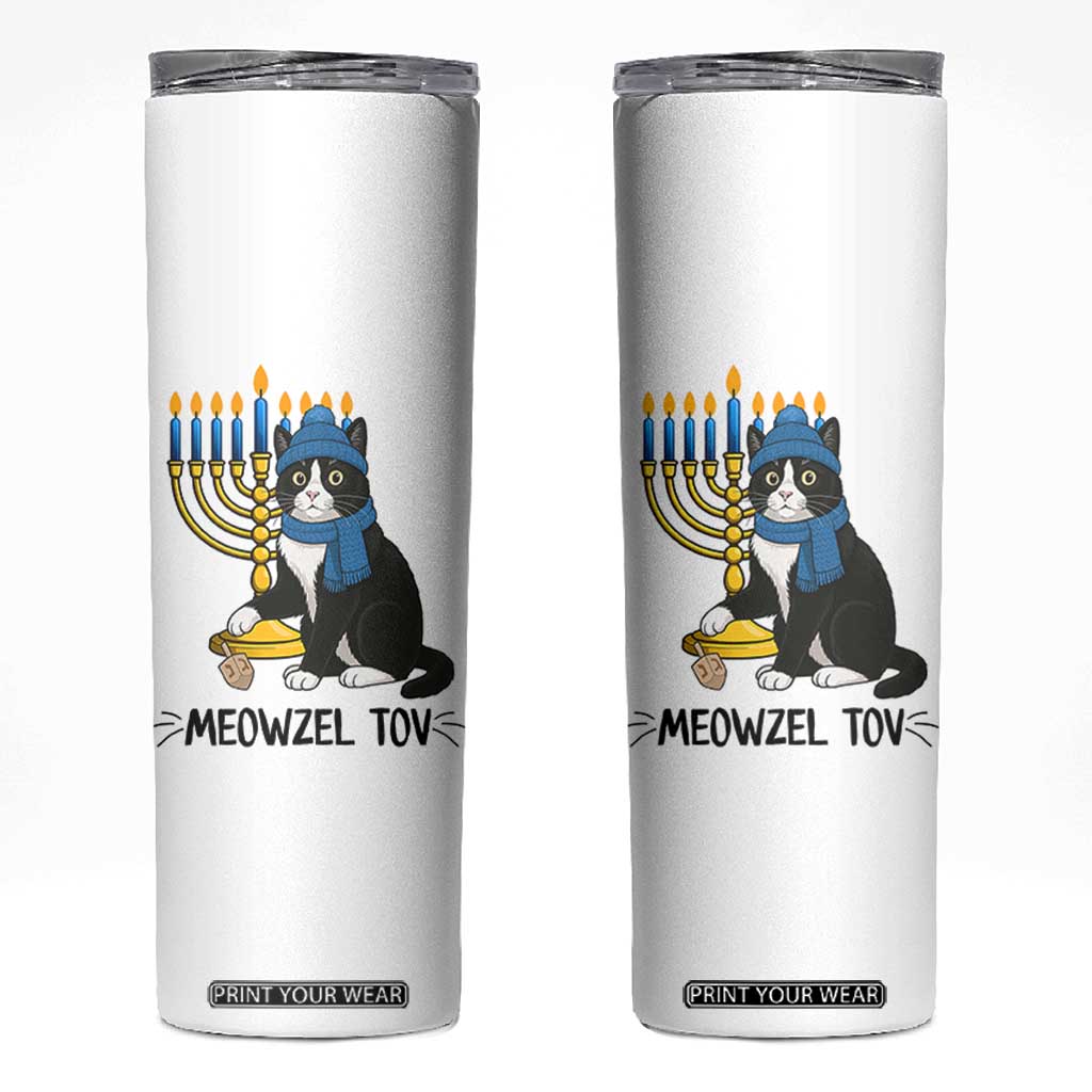 Meowzel Tov Skinny Tumbler Black Cat Playing Dreidel Menorah Hanukkah Gift TS12 White Print Your Wear