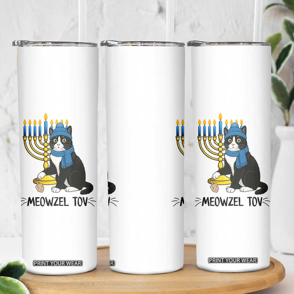 Meowzel Tov Skinny Tumbler Black Cat Playing Dreidel Menorah Hanukkah Gift TS12 Print Your Wear